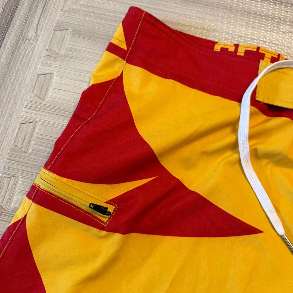 Getnutz HI Board Shorts Mens 36 Yellow Red Hawaii Graphic Surf Trunks Beachwear
